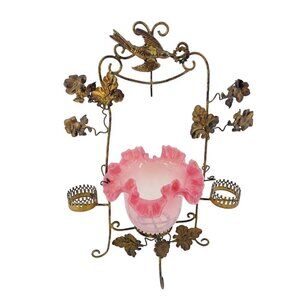 Antique French Gilt Pocket Watch Holder Vanity Pink Glass Bowl Bird Flowers